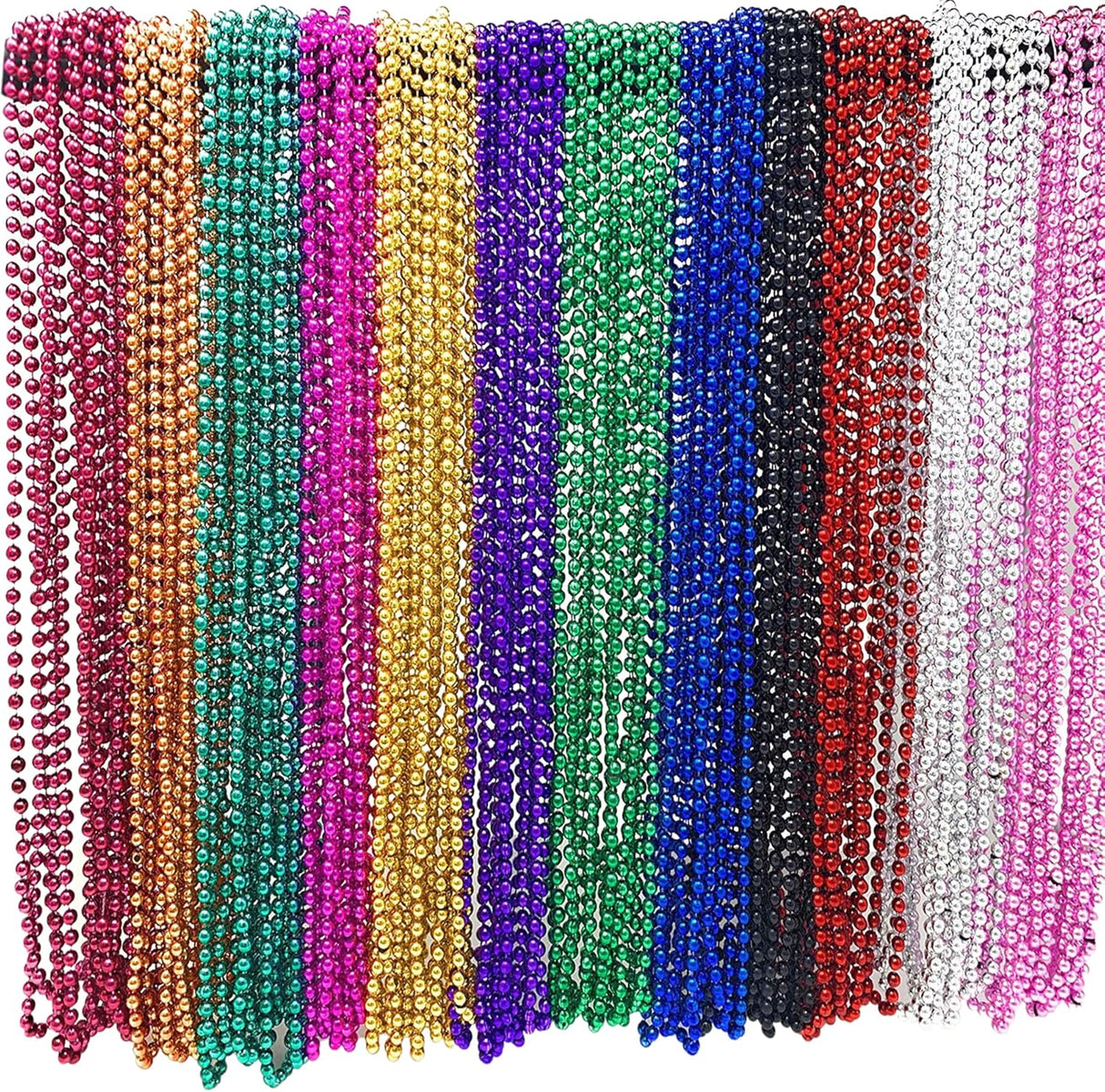 4E's Novelty Mardi Gras Beads Bulk Set – 144 Pieces, 33" 6mm Metallic in 12 Colors