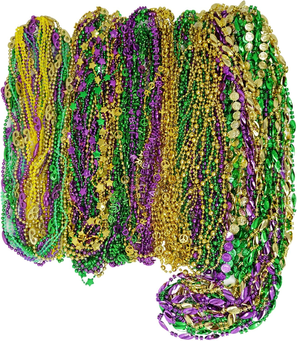 4E's Novelty 100-Piece Assorted Mardi Gras Bead Necklaces – Metallic Purple, Gold, Green