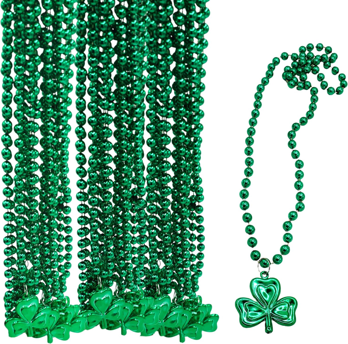 4E's Novelty St. Patrick's Day Beads Necklace Bulk (24 Pack) – Shamrock Green Beads for Irish Party Favors