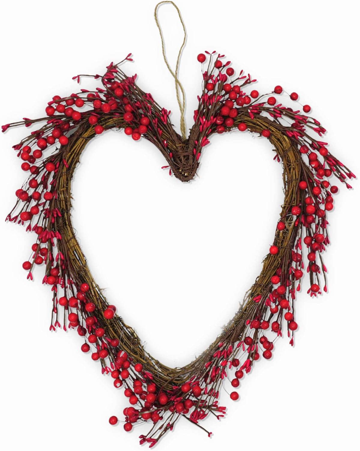 4E's Novelty 15” Heart Grapevine Wreath – Rustic Valentine Door Wreath with Red Berries