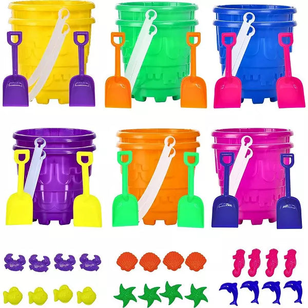 4EsNovelty 48-Piece Beach Toys Set- 12 Buckets, 12 Shovels, and 24 Intricate Sand Molds