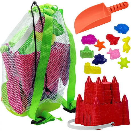 4E's Novelty 13 Beach Sand Toys for Kids – Sand Castle Bucket with Shovel & Large Molds, Includes Mesh Beach Bag for Toddlers, Perfect for Kids 3-10