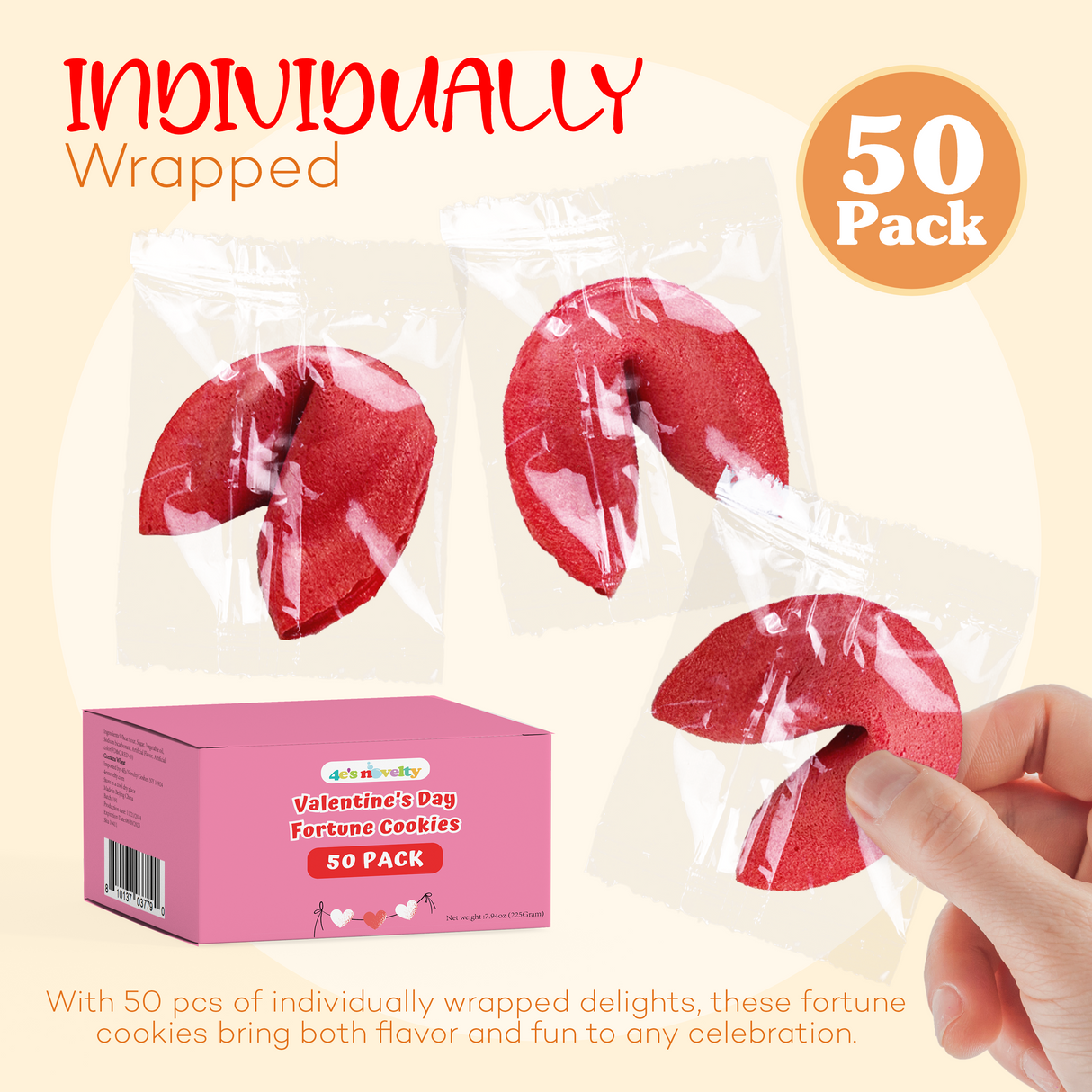 4E's Novelty 50 Valentine Fortune Cookies – Individually Wrapped Non-Candy Treats for Parties