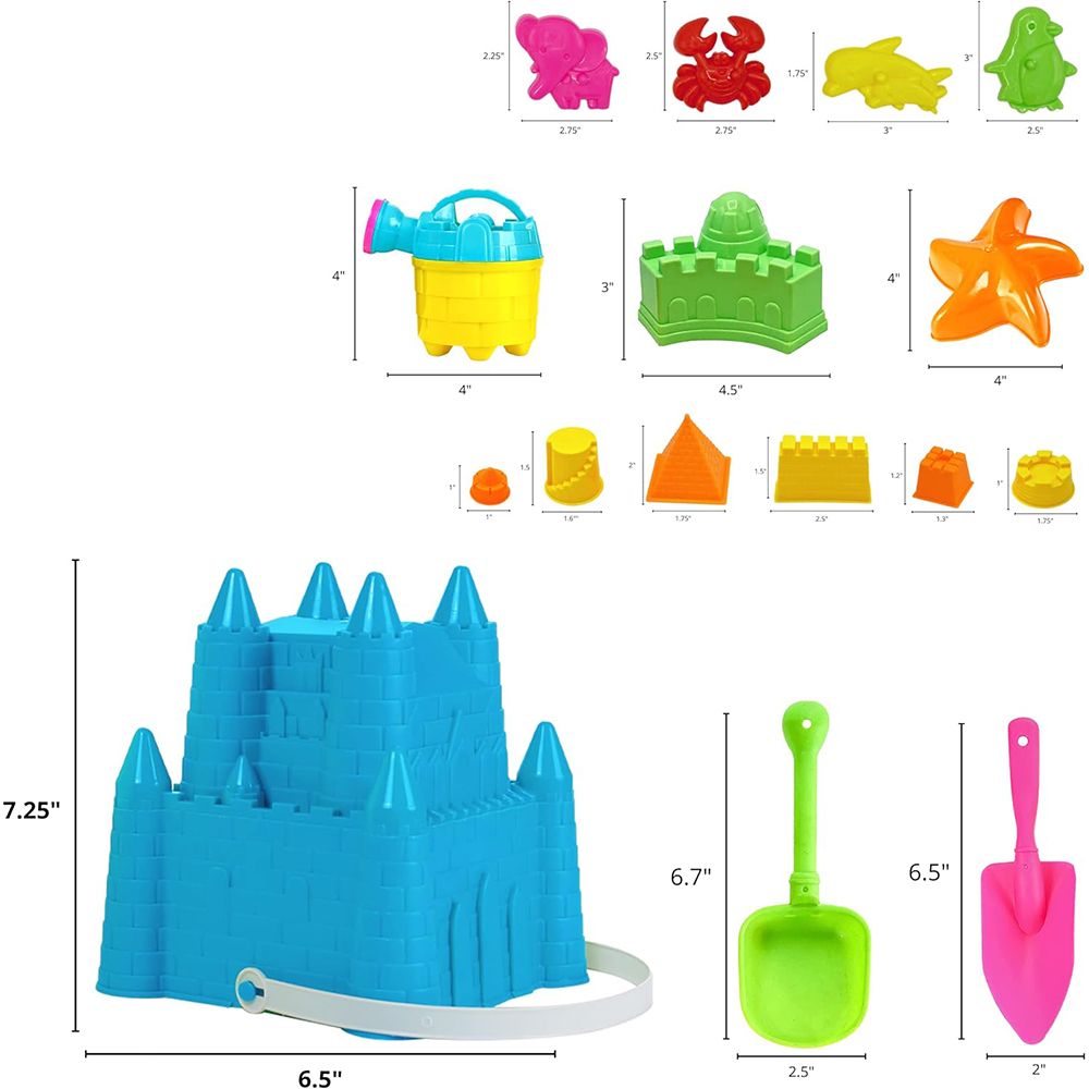 4E's Novelty 17-Piece Beach Toy Set with Bag for Toddlers - Castle Bucket, Shovels, Molds, Mesh Beach Bag Backpack, Sand Toys for Kids (Ages 3-10)