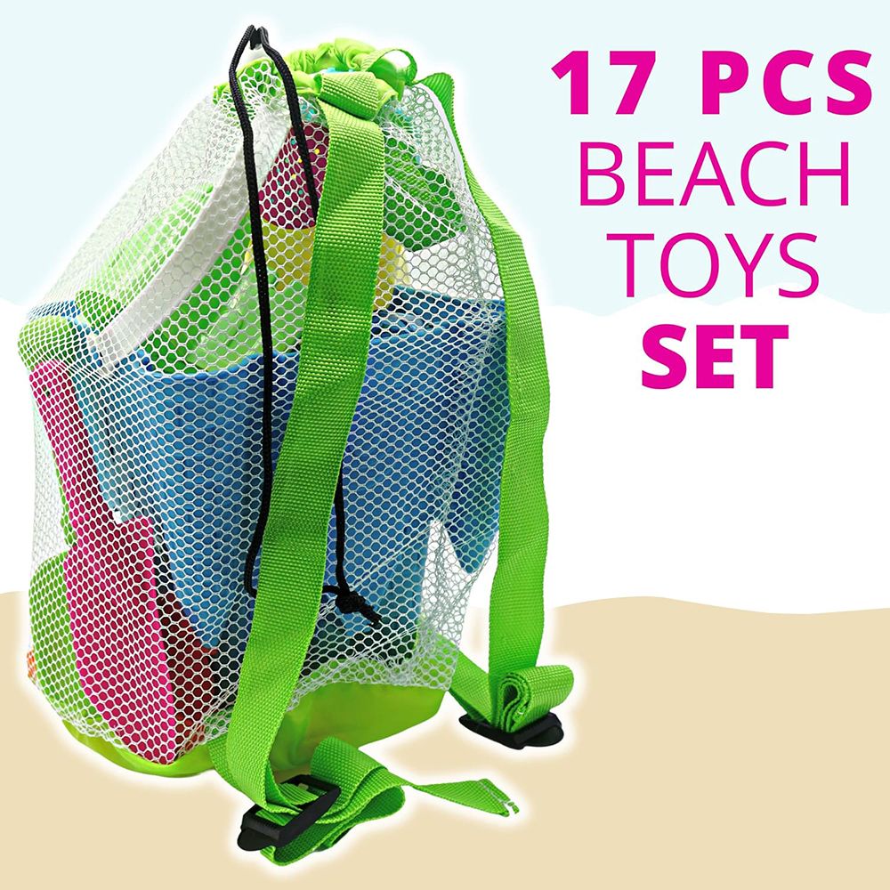 4E's Novelty 17-Piece Beach Toy Set with Bag for Toddlers - Castle Bucket, Shovels, Molds, Mesh Beach Bag Backpack, Sand Toys for Kids (Ages 3-10)