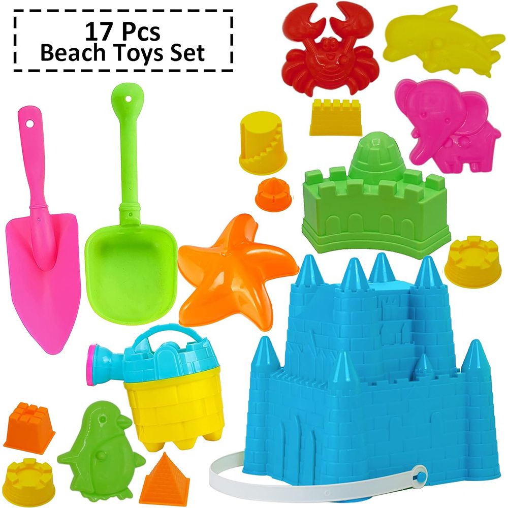 4E's Novelty 17-Piece Beach Toy Set with Bag for Toddlers - Castle Bucket, Shovels, Molds, Mesh Beach Bag Backpack, Sand Toys for Kids (Ages 3-10)