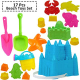 4E's Novelty 17-Piece Beach Toy Set with Bag for Toddlers - Castle Bucket, Shovels, Molds, Mesh Beach Bag Backpack, Sand Toys for Kids (Ages 3-10)