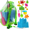 4E's Novelty 17-Piece Beach Toy Set with Bag for Toddlers - Castle Bucket, Shovels, Molds, Mesh Beach Bag Backpack, Sand Toys for Kids (Ages 3-10)