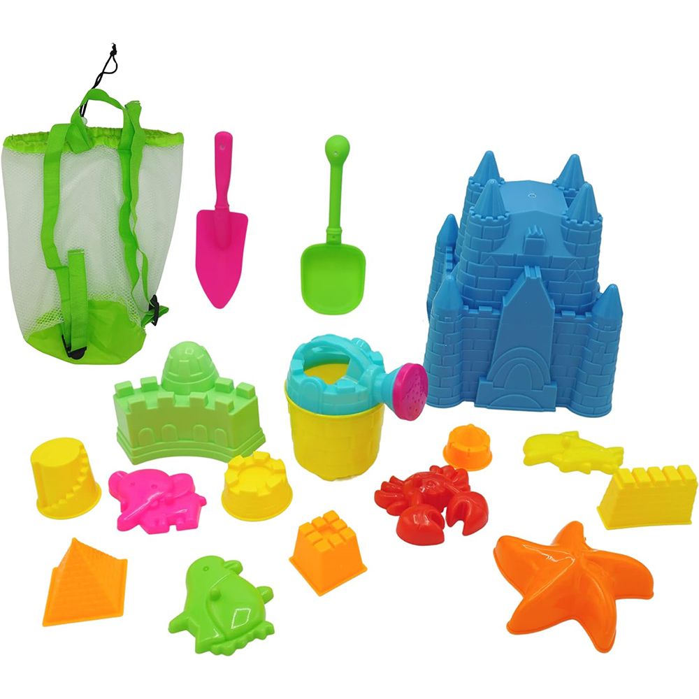 4E's Novelty 17-Piece Beach Toy Set with Bag for Toddlers - Castle Bucket, Shovels, Molds, Mesh Beach Bag Backpack, Sand Toys for Kids (Ages 3-10)