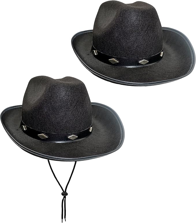 4E's Novelty Kids Black Cowboy Hats - 2 Pack - Fits Boys & Girls Ages 5-12 Yrs, Felt with Buckle Belt, Child Size Cowgirl Western Costume Accessories, Party Dress Up